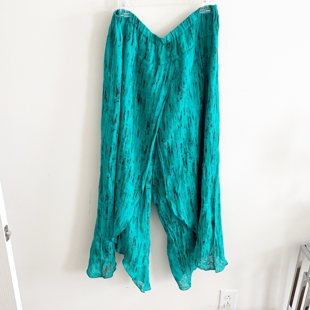 Click linen teal blue black printed flowy wide leg drapey pull on pants size XXL